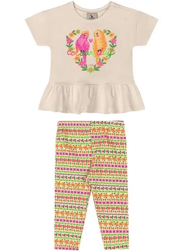 Conjunto Floral com Blusa e Calça Legging para Bebê Bege