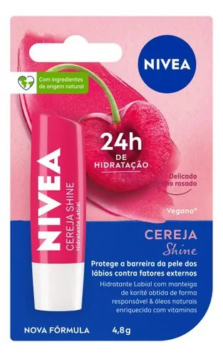 NIVEA Hidratante Labial Cereja Shine 4,8g, BBB 26, Hidratação Intensa 24h, Cor Suave, Brilho Delicado, Cuidado Diário, Manteiga de Karité
