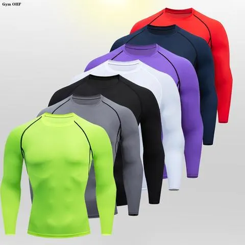 Homens musculação esportes camiseta secagem rápida correndo camisa de manga longa compressão superior ginásio t camisa dos homens fitness apertado rashgad
