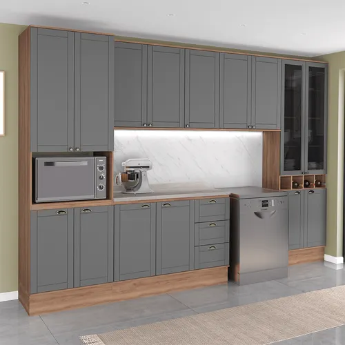 Armário de Cozinha Completa com Balcão Milla Elevate Carraro Nogal com Cinza Titânio