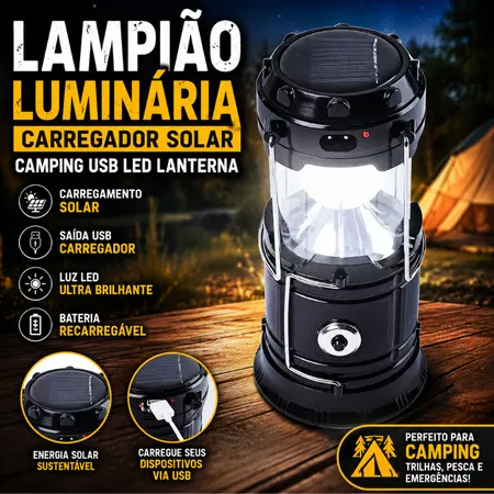 Lampião Luminária de Emergência Carregador Solar Camping Usb Led Lanterna