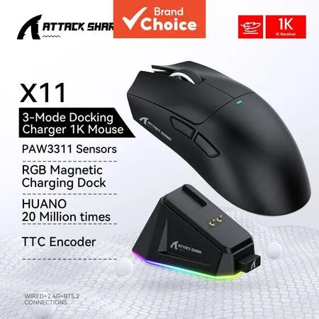 Dock de carregamento magnético para Mouse Gamer ATTACK SHARK X11, sensor PixArt PAW3311, conexão Bluetooth/2.4G sem