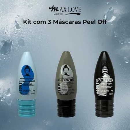 Kit com 3 Máscaras Peel Off - Ácido Hialurônico, Carvão Ativado, Total Black Max Love