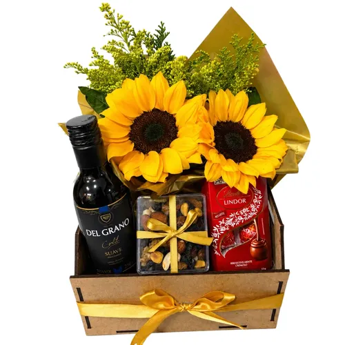 Cesta de Girassóis com Vinho e Lindt