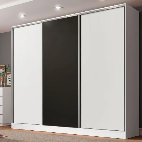 Guarda-Roupa Casal 100% MDF Madesa Royale 3 Portas de Correr Branco/Branco/Preto