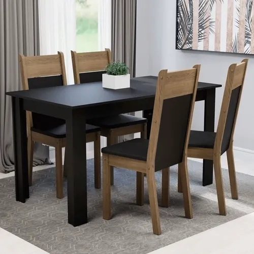 Conjunto Sala de Jantar Mesa Tampo de Madeira com 4 Cadeiras Preto/Rustic Madesa Havana