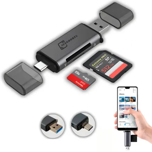 Leitor de Cartão de Memória Sd e Micro Sd para Usb-c e Usb-a Adaptador Compatível com iPhone 15 16 17 Android Samsung Notebook Macbook Alta Velocidade Rápida de Fotos Vídeos e Arquivos Ice Coorel