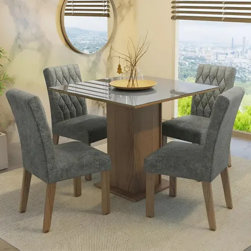 Sala Jantar Mesa Tampo Vidro 4 Cadeiras Anaju Madesa Rcs Cor Rustic/Cinza/Silver Desenho do tecido das cadeiras Liso MDJA040138F9SIL