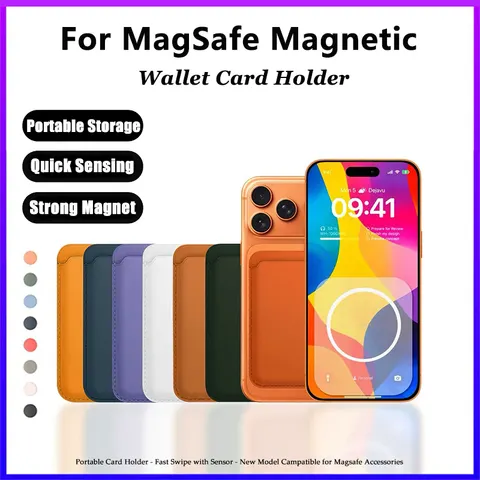 Porta-cartões magnético, porta-cartões de identificação, capa de couro PU para cartões, adesivo para a parte traseira do telemóvel, bolsa porta-cartões, capa para iPhone 17 com compatibilidade Magsafe.