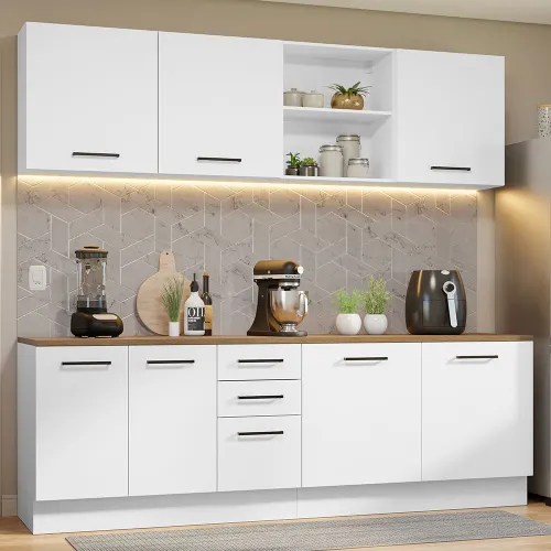 Armário de Cozinha Completa 240cm Branco/Rustic 60cm de Profundidade Agata Madesa 02