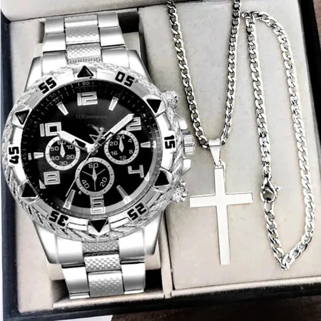 Kit Relógio Masculino Aço Inox Resistente a Água com Corrente Cruz e Pulseira Presente Dia dos Pais