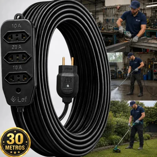 Extensão Elétrica 30 Metros Reforçada Cabo Pp Profissional 10A 20A 3 Barra de tomadas Bivolt Cabo Dupla Camada Flexível para Obra Uso Residencial Ferramentas Elétricas Lavadoras Área externa Two Lef