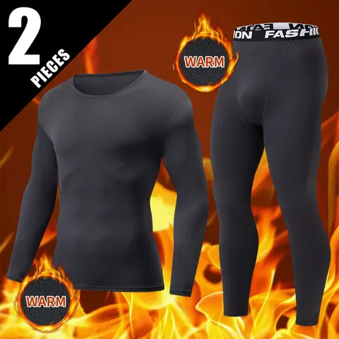 Conjunto de roupa interior masculina de inverno/outono, 2 peças, quente e grossa, camiseta de base esportiva casual de cor sólida e calça de cintura elástica para ciclismo e fitness