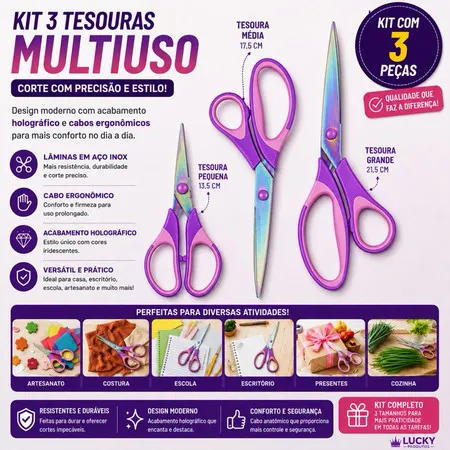 Kit Tesoura de Titânio Profissional 3 Unidades