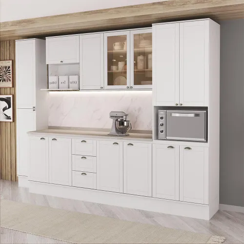 Armário de Cozinha Completa c/ Balcão Milla Max Carraro Nogal com Branco