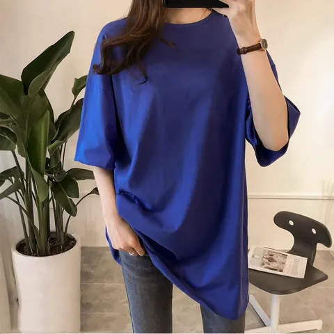   Camiseta Feminina Colorida de Manga Curta, Solta, Tamanho Grande, Efeito Emagrecedor, Comprimento Médio, Moda de Verão, Casual, Decote Redondo