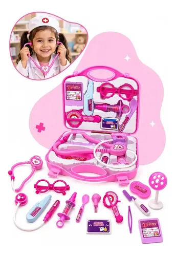 Kit Médico Infantil Maleta de Médico de Brinquedo com Acessórios Maletinha Doutor Faz de Conta Brinquedo de Profissão Educativo para Crianças Rosa Kizumba