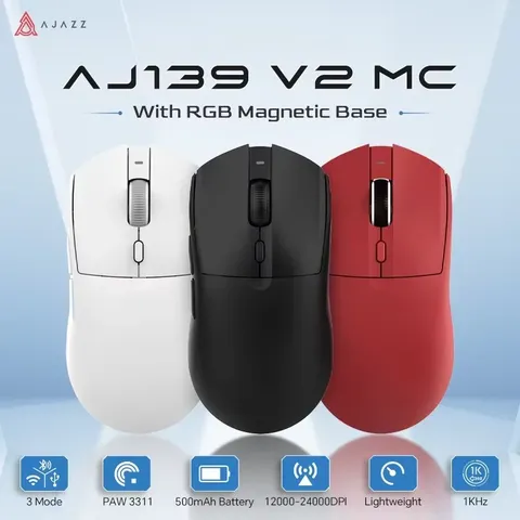 Mouse Gamer sem Fio AJAZZ AJ139 V2 MC/AJ139 PRO com Sensor PAW3311/PAW3395 12000DPI/26000DPI 500mAh Bluetooth para PC