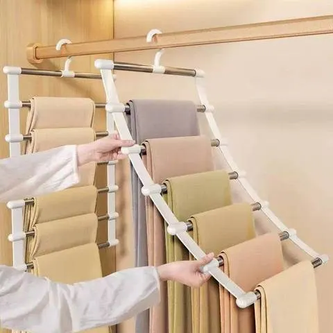 Cabideiro de Calças Multicamadas Dobrável para Economia de Espaço, Organizador de Armário e Guarda-Roupa com Clipes Antiderrapantes