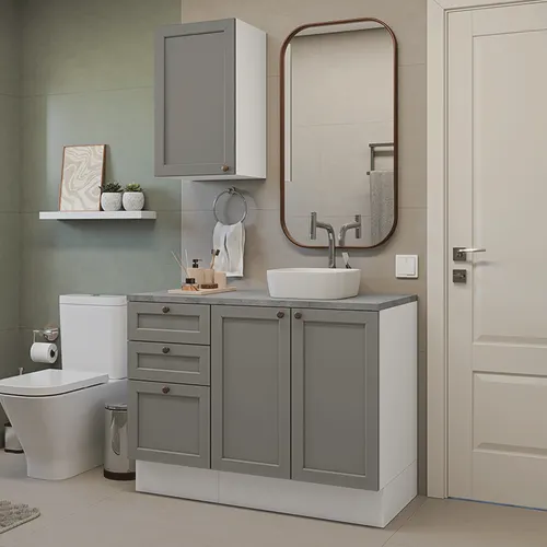 Conjunto Gabinete para Banheiro 110cm 3 Gavetas 3 Portas Branco/Cinza Vik Madesa 01