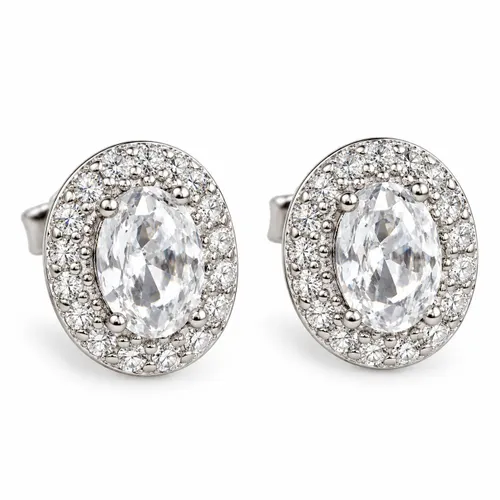 Brinco 1 cm Prata Oval Cristal com Zircônias