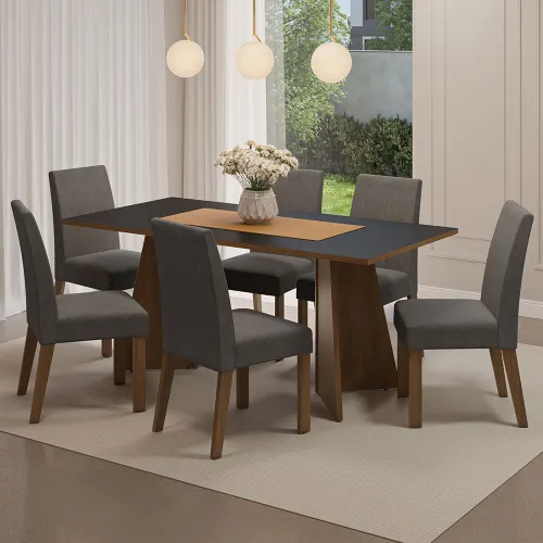 Conjunto Sala de Jantar Mesa Tampo de Madeira 6 Cadeiras Rustic/Preto/Silver Simone Madesa
