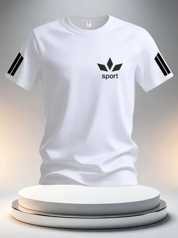 Camiseta Masculina de Verão Branca com Listras Esportivas, Design Moderno e Estampado, Ideal para Fitness e Lazer - Produto de Destaque