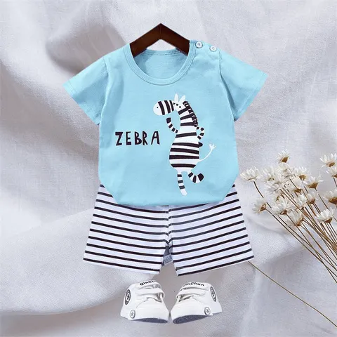 Criança menino verão manga curta camisetas + shorts listrados 2 peças conjunto de roupas dos desenhos animados zebra impressão algodão macio esportes casual terno 1-6 anos