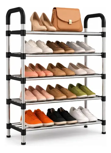 Sapateira Vertical 5 Prateleiras Aço Inox 15 Pares Organizador de Calçados Rack Sapateira Estante Porta Sapatos Armário Organizador Multiuso para Quarto Closet Sala Entrada Casa Apartamento