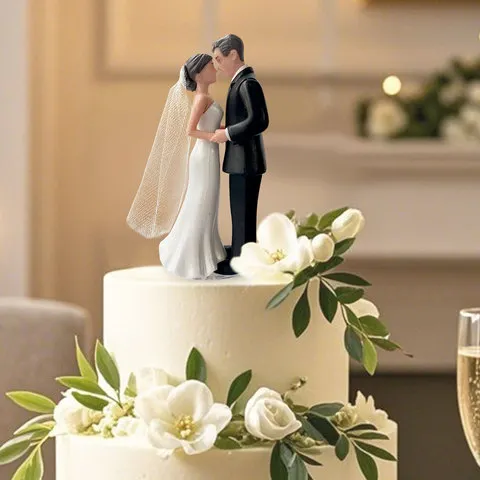 Topper de bolo de casamento elegante para noiva e noivo com véu 4,3" - Aniversário, chá de panela, decoração de festa de noivado