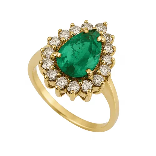 Anel Gota de Esmeralda com 16 Diamantes em Ouro 18K