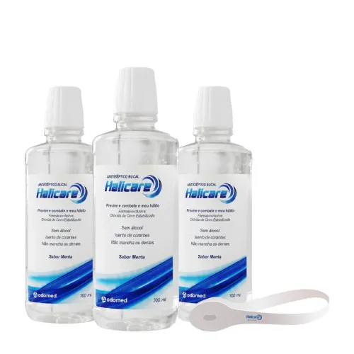 Kit Enxaguante Bucal e Limpador de Língua Odomed Halicare 3 Unidades de 300 Mililitros