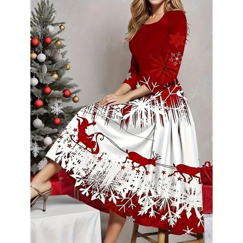 Vestido casual de manga comprida e gola redonda com estampa de renas, ideal para o Natal deste ano.