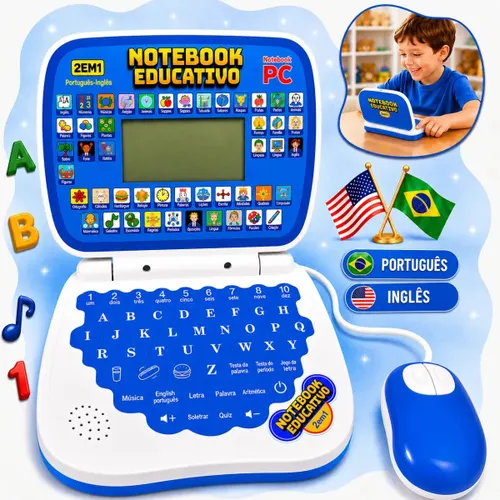 Notebook Infantil Educativo Azul para Crianças Bilíngue com Mouse