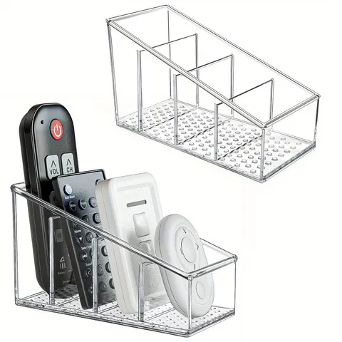 Suporte de controle remoto de plástico transparente e organizador de mesa com 4 compartimentos para uso doméstico e de escritório