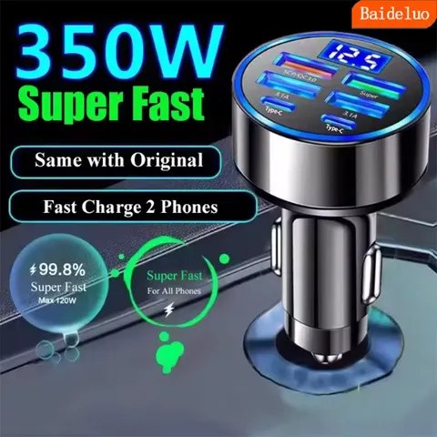 Carregador de carro USB 350W PD QC3.0 USB C Carregador de telefone para carro Tipo C Adaptador para iPhone Samsung Huawei Xiaomi Carga rápida ﻿