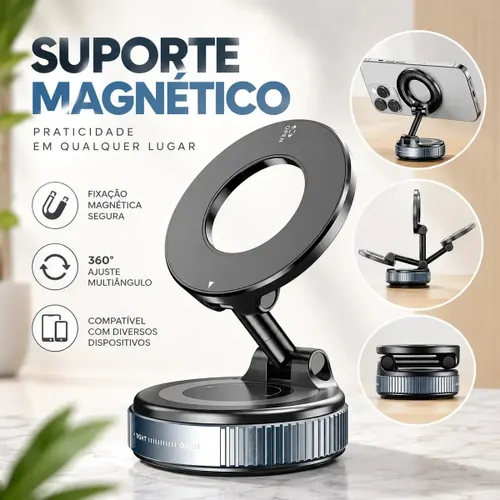 Suporte Magnético para Celular com Ventosa de Vácuo Ajustável 360° Universal para Carro Painel Vidro Mesa e Superfícies com Fixação Forte para Smartphone e Uso Veicular e Ajuste Prático - Swave