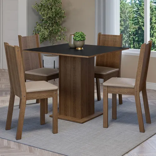 Conjunto Sala de Jantar Mesa Tampo de Madeira 4 Cadeiras Rustic/Preto/Sintético Bege Samara Madesa