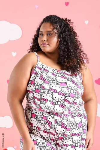 Regata Pijama Cropped Alças Ajustaveis Hello Kitty Rosa