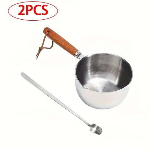 2 PEÇAS/CONJUNTO: Panela de Derretimento de Cera com Cabo de Madeira e Colher para Mexer, Utensílio Espessado para Fabricação de Velas, Molde Artesanal, Decoração de Casa