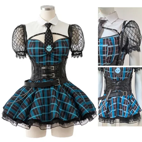 Fantasia de cosplay gótica xadrez para mulher, vestido de uniforme escolar azul e preto com mangas de rede e cinto, ideal para o Halloween.