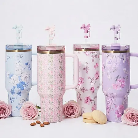 Copo Garrafa Térmica Inox 1200ml Estampa Floral com Canudo e Alça