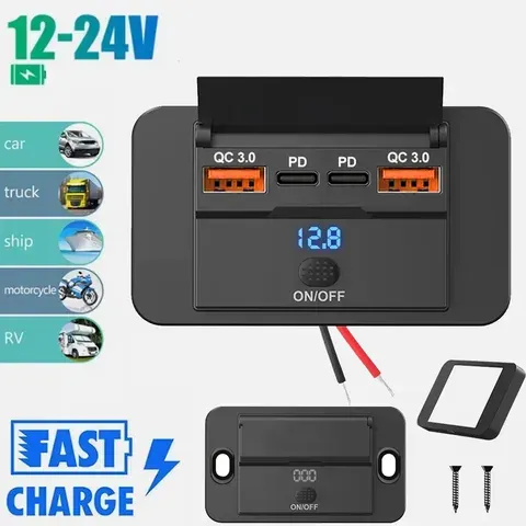 Adaptador de tomada de carregador de carro com interruptor, divisor de carregamento de 2-4 portas, tomada para ônibus, rv, atv, caminhão, barco, tomada, 12v, 24v, pd, qc3.0