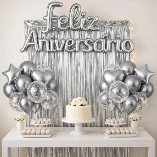 Kit Balão Feliz Aniversário Festa Cortina Faixa Decoração Prata