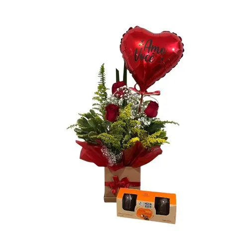 Arranjo 3 Rosas Balão e Chocolate