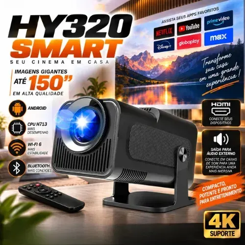 Projetor HY320 Smart TV CPU H713 WiFi 6 4K Android 2026 VLX Full HD 390 ANSI Bluetooth 5.0 180° Tela Grande 150 Polegadas HDMI USB Bivolt Cinema em Casa Filmes Séries Jogos Portátil Controle Remoto