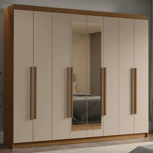 Guarda-Roupa Casal 8 Portas Batentes com Espelho Rustic/Crema/Rustic Venus Madesa