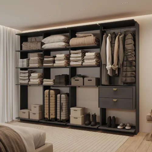 Guarda-Roupas Closet Modulado Alasca One 240cm 4 Peças com 2 Gavetas e Cabideiros Preto Touch Carraro