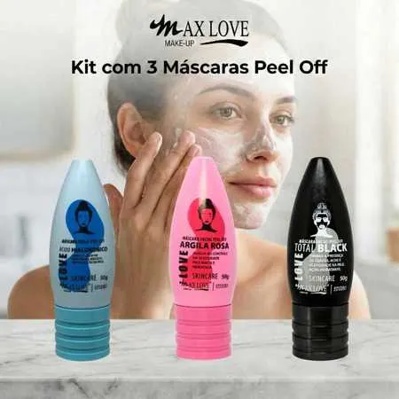 Kit com 3 Máscaras Peel Off - Ácido Hialurônico, Total Black, Argila Rosa Max Love