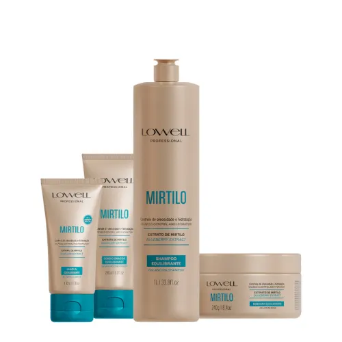 Kit Lowell Extrato de Mirtilo Shampoo 1L Condicionador 200ml Leave-in 180ml Máscara 240g